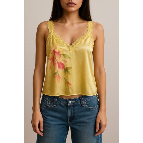 Y2K Valerie Stevens Satin Lace Trim Butter Yellow Floral Intimate Tank Size L - Picture 1 of 7